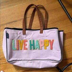 Live Happy Purple Tote Bag with Colorful Embroidery